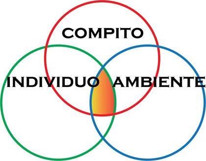 grafico esplicativo del concetto Bobath nella riabilitazione neurologica: tre cerchi nelle quali vengono riassunti i concetti di base cioè COMPITO, INDIVIDUO, AMBIENTE