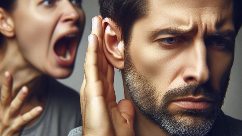 foto realistica di un uomo che non sente bene;Ha la faccia preoccupata; la bocca chiusa; la mano vicino all'orecchio per sentire meglio. La moglie che gli grida nell'orecchio arrabbiata