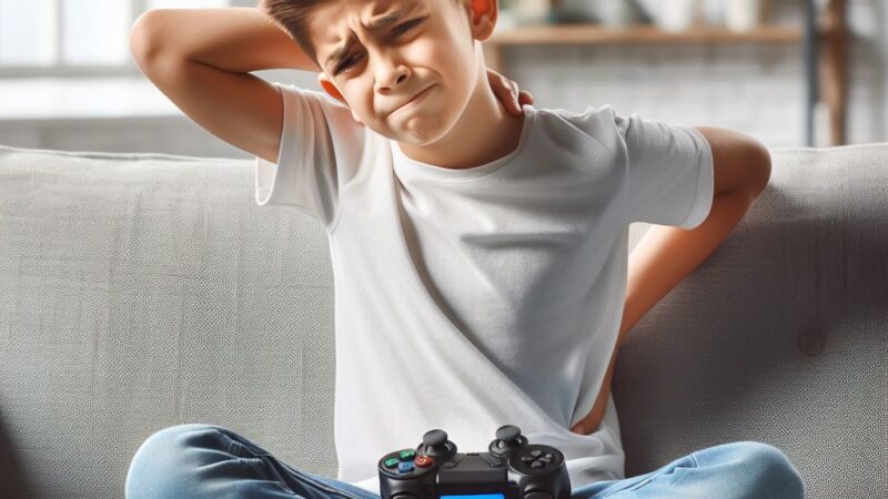 ragazzino che gioca ai videogiochi seduto sul divano con le gambe incrociate che ha dolore al collo e alla schiena