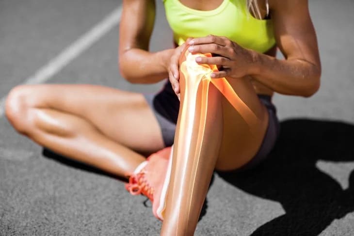 atleta donna seduta a terra mentree si massaggia il ginocchio varo